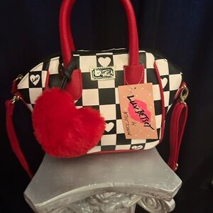 Betsey Johnson Black and White Checkered Mini Bag with Red Heart
